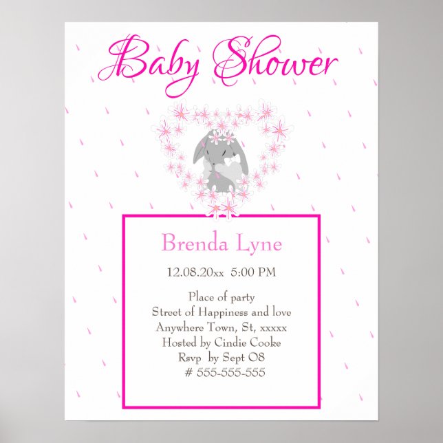 Bunny Rabbit Girl Pink Baby Shower invitation Post Poster (Front)