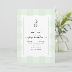 Bunny Rabbit Green Gingham 1st Birthday Invitation
