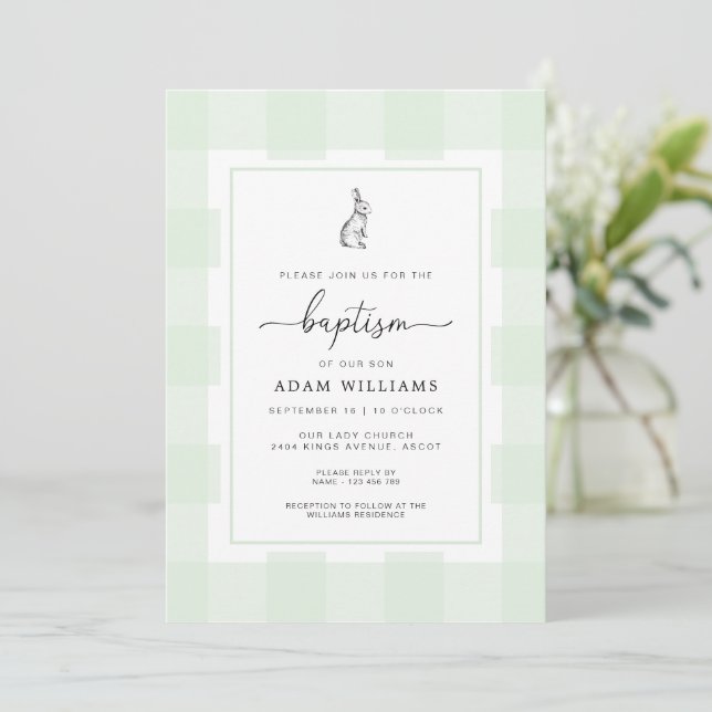 Bunny Rabbit Green Gingham Baptism Invitation (Standing Front)