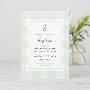 Bunny Rabbit Green Gingham Baptism Invitation
