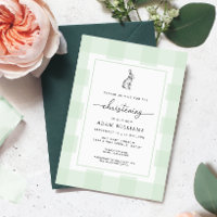 Bunny Rabbit Green Gingham Christening Invitation