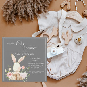 Bunny Rabbit Grey Baby Shower Invitation