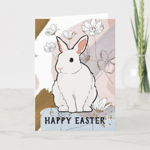 Bunny Rabbit Happy Easter Floral Gold Pink Blue Holiday Card