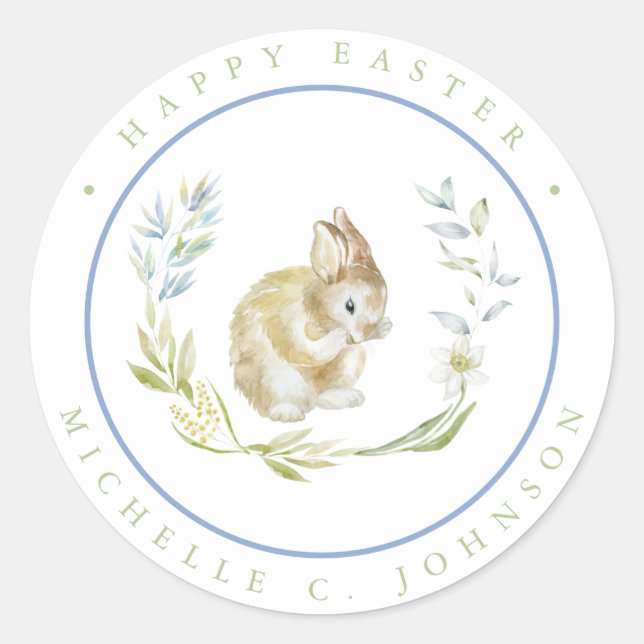 Bunny Rabbit Happy Easter Soft Pastel Colours Classic Round Sticker (Front)