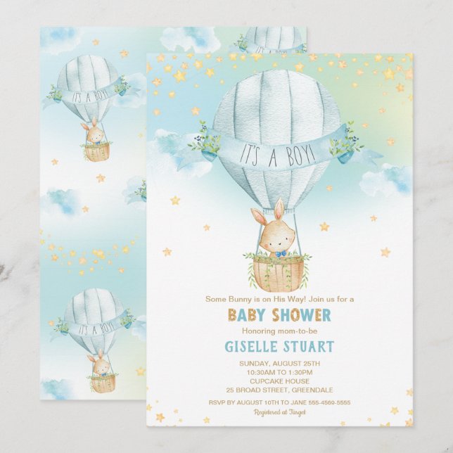 Bunny Rabbit Hot Air Balloon Baby Shower Boy Invitation (Front/Back)