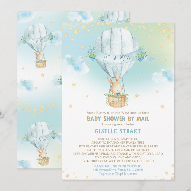 Bunny Rabbit Hot Air Balloon Baby Shower by Mail Invitation (Front/Back)