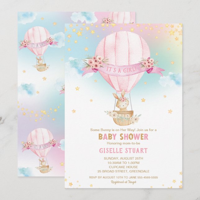 Bunny Rabbit Hot Air Balloon Baby Shower Girl Invitation (Front/Back)