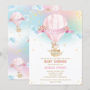 Bunny Rabbit Hot Air Balloon Baby Shower Girl Invitation
