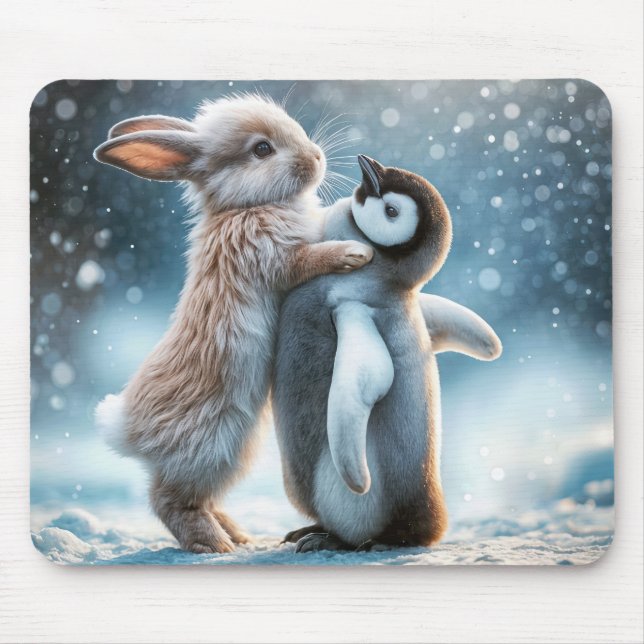 Bunny Rabbit Hugging a Penguin Mouse Mat (Front)