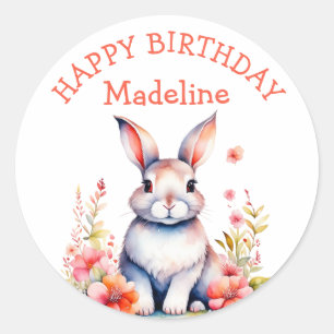 Bunny Rabbit in Flowers Happy Birthday Personalise Classic Round Sticker