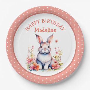 Bunny Rabbit in Flowers Happy Birthday Personalise Paper Plate