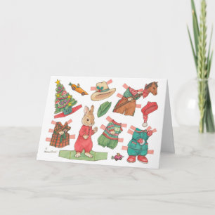 Bunny Rabbit kids paper doll Christmas card 