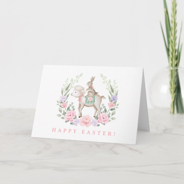 Bunny Rabbit & Lamb Pink Purple Floral Easter Card (Front)