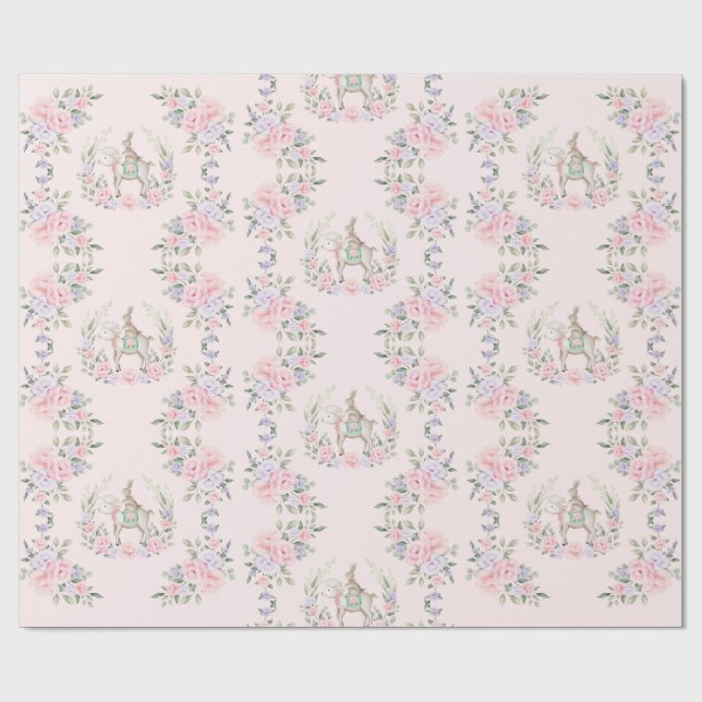 Bunny Rabbit & Lamb Pink Purple Floral Easter Card Wrapping Paper (Flat)