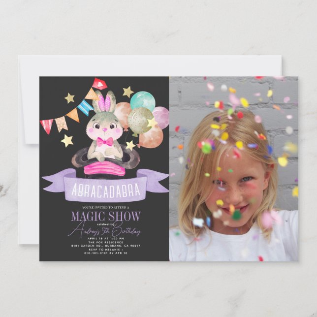 Bunny Rabbit Magic Show Blk Girl Birthday Photo Invitation (Front)