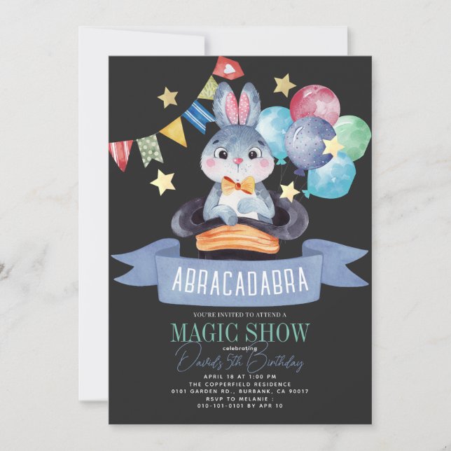 Bunny Rabbit Magician Magic Show Blk Boy Birthday Invitation (Front)
