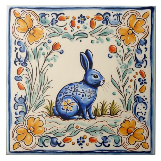Bunny Rabbit Mediterranean Folk Animal Art Tile (Front)