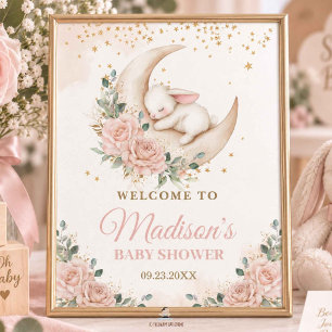 Bunny Rabbit Moon Pink Blush Floral Baby Shower Poster