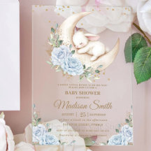 Bunny Rabbit Moon Soft Blue Floral Boy Baby Shower