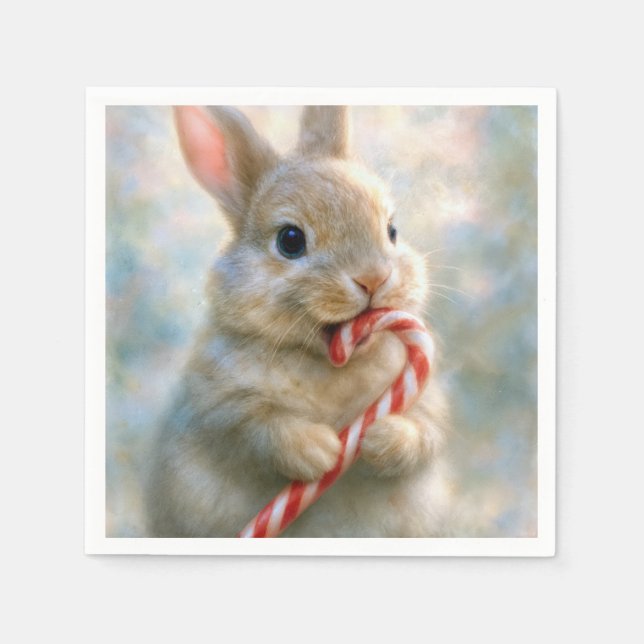 Bunny Rabbit Nibbling On a Candy Cane Napkin (Front)
