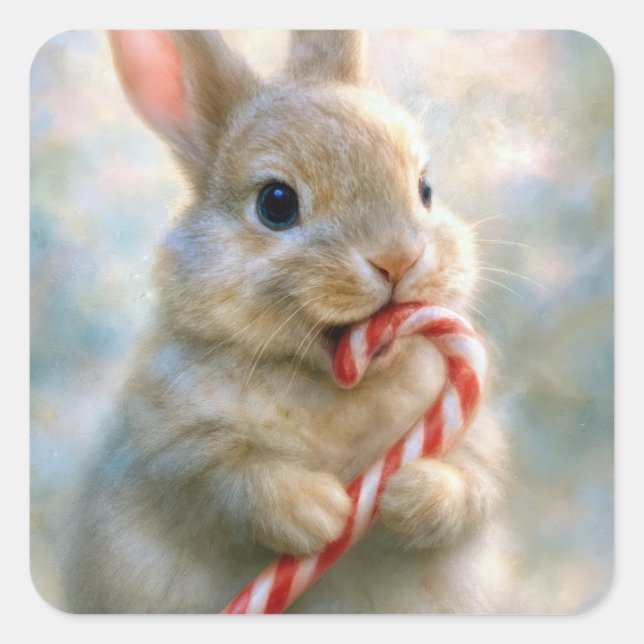 Bunny Rabbit Nibbling On a Candy Cane Square Sticker (Front)