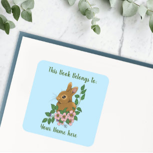 Bunny Rabbit Pink Flowers Bookplate Square Sticker