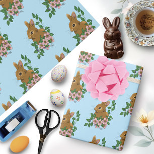 Bunny Rabbit Pink Flowers Wrapping Paper