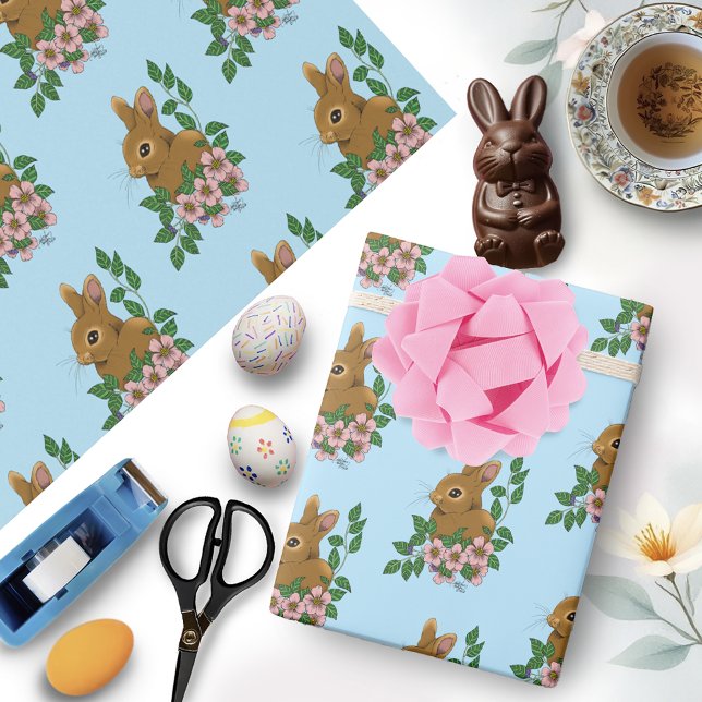 Bunny Rabbit Pink Flowers Wrapping Paper (Creator Uploaded)