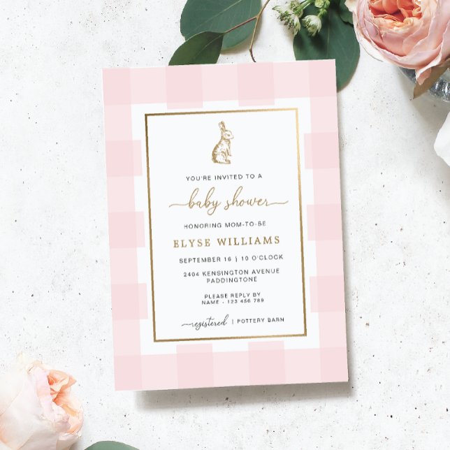 Bunny Rabbit Pink Gingham Baby Shower Foil Invite (Creator Uploaded)
