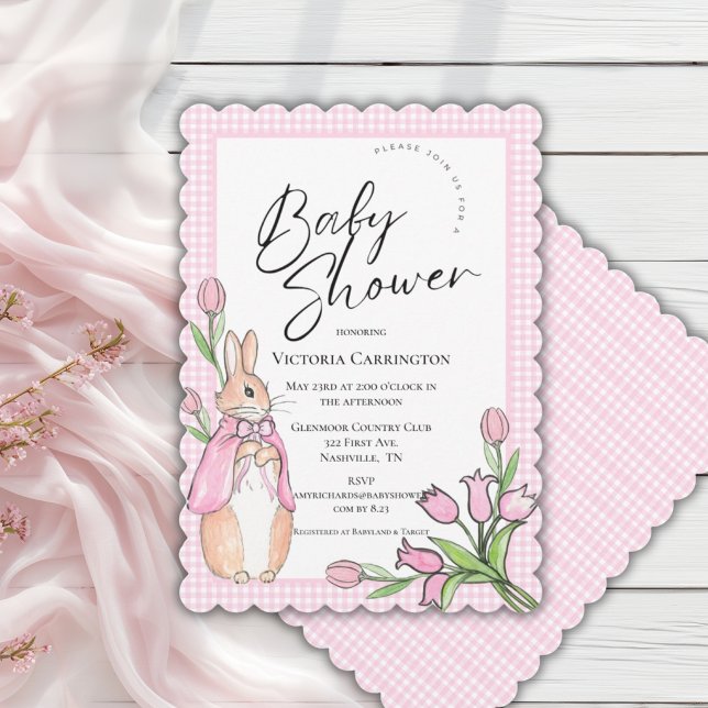 Bunny Rabbit Pink Gingham Baby Shower Invitation (Creator Uploaded)