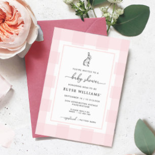 Bunny Rabbit Pink Gingham Baby Shower Invitation