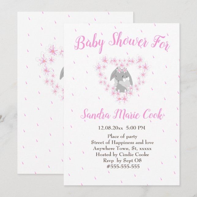 Bunny Rabbit Pink Girl Baby Shower  Invitation (Front/Back)