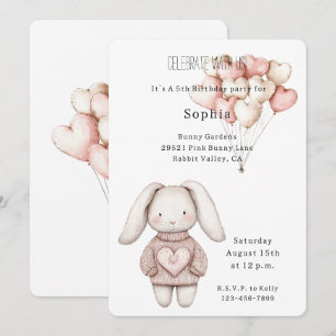 Bunny Rabbit Pink Hearts Birthday Invitation