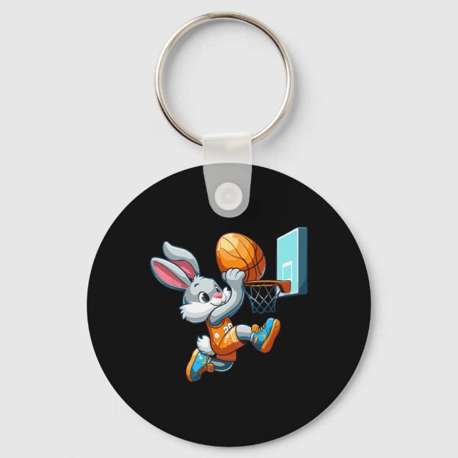 Bunny Rabbit Playing Dunking Bysketbyll Easter Egg Key Ring (Front)