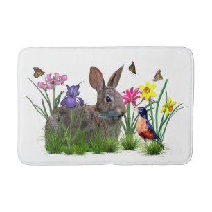 Bunny Rabbit,  Robin, and Flowers, Customisable Bath Mat