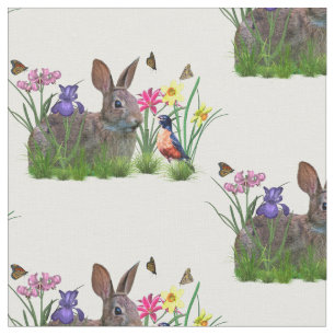 Bunny Rabbit,  Robin, and Flowers, Customisable Fabric