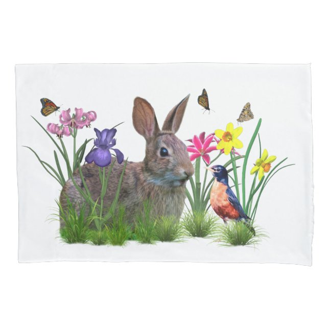 Bunny Rabbit,  Robin, and Flowers, Customisable Pillowcase (Front-Left)