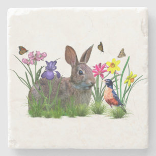 Bunny Rabbit, Robin, and Flowers, Customisable Stone Coaster