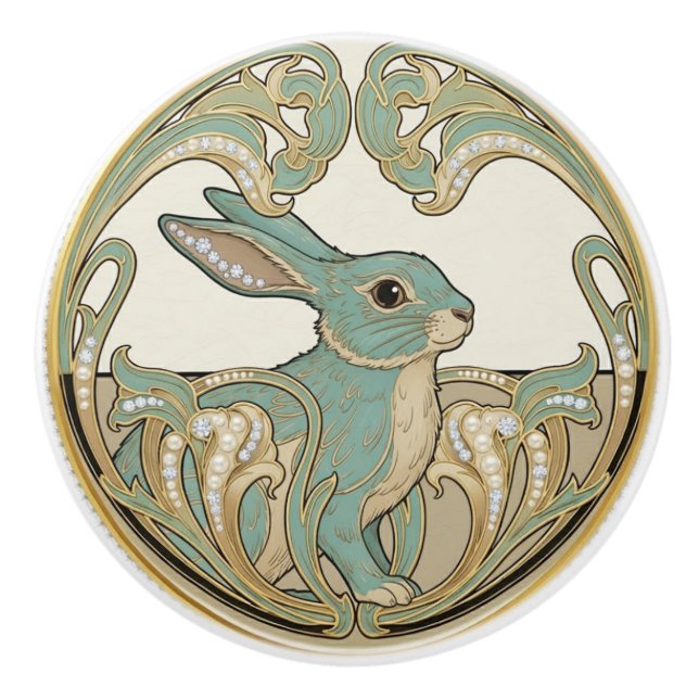 Bunny Rabbit Sage Green & Gold Art Deco Nouveau Ceramic Knob (Front)