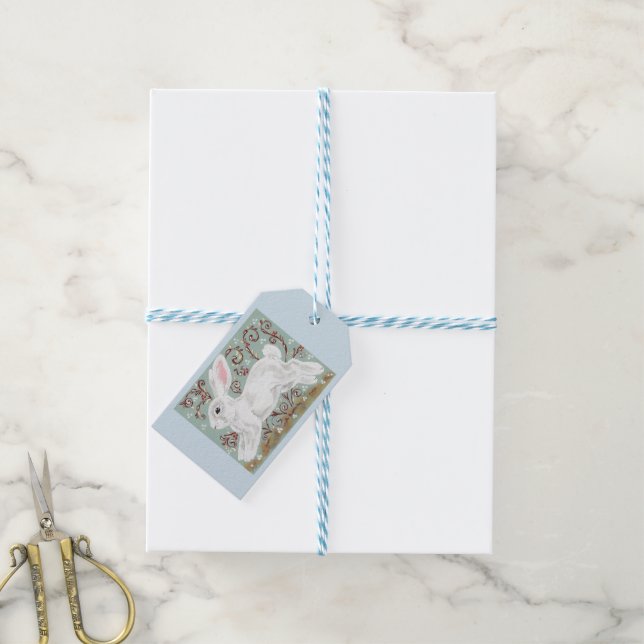 Bunny Rabbit & Snow Christmas Gift Tag Blue Pastel (With Twine)