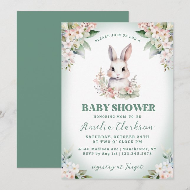 Bunny Rabbit Soft Green & Floral Baby Shower Invitation (Front/Back)