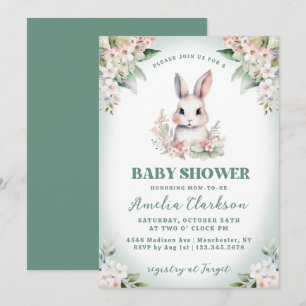Bunny Rabbit Soft Green & Floral Baby Shower Invitation