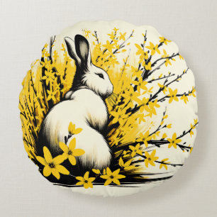 Bunny Rabbit Spring Yellow Forsythia Round Cushion