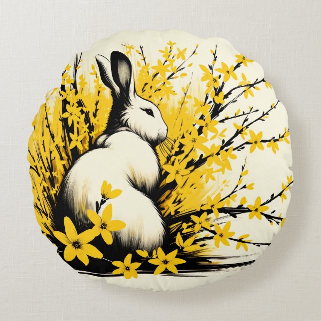 Bunny Rabbit Spring Yellow Forsythia               Round Cushion (Front)