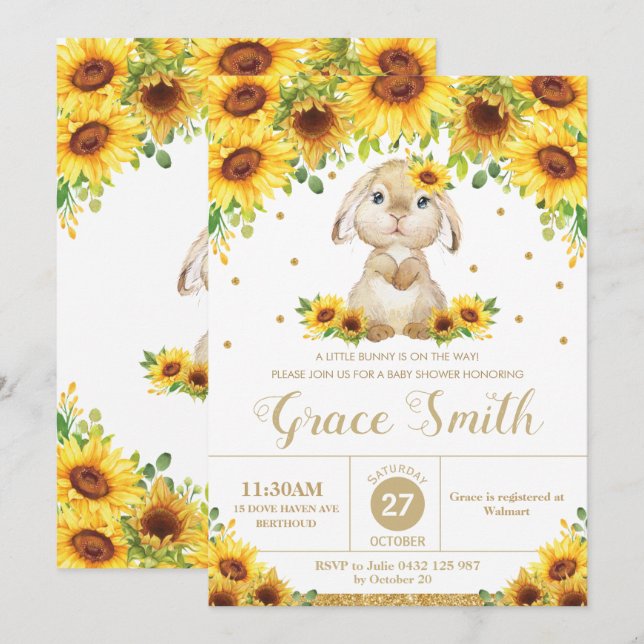 Bunny Rabbit Sunflower Floral Baby Shower Girl  Invitation (Front/Back)