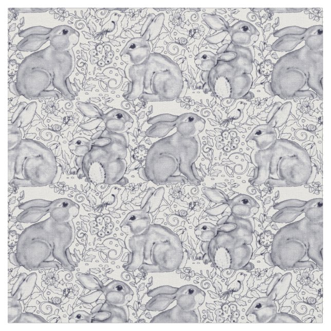 Bunny Rabbit Toile Pattern Blue & White Cute Decor Fabric (Close Up)
