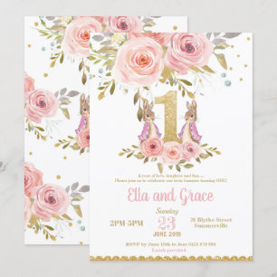 Bunny Rabbit Twin Girls 1st Birthday Invitation