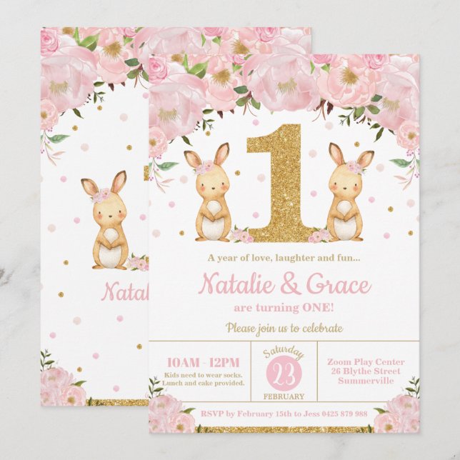 Bunny Rabbit Twin Girls 1st Birthday Party Twins Invitation (Front/Back)