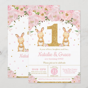 Bunny Rabbit Twin Girls 1st Birthday Party Twins Invitation