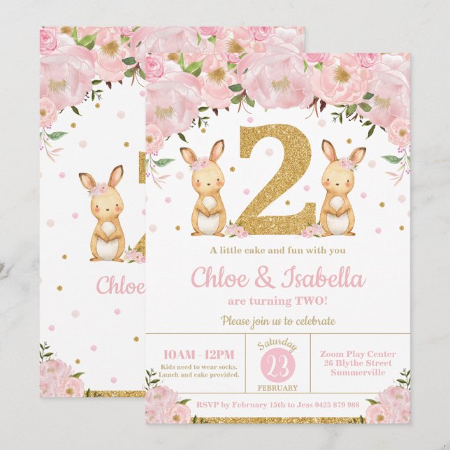 Bunny Rabbit Twin Girls 2nd Birthday Twins Invitation (Front/Back)